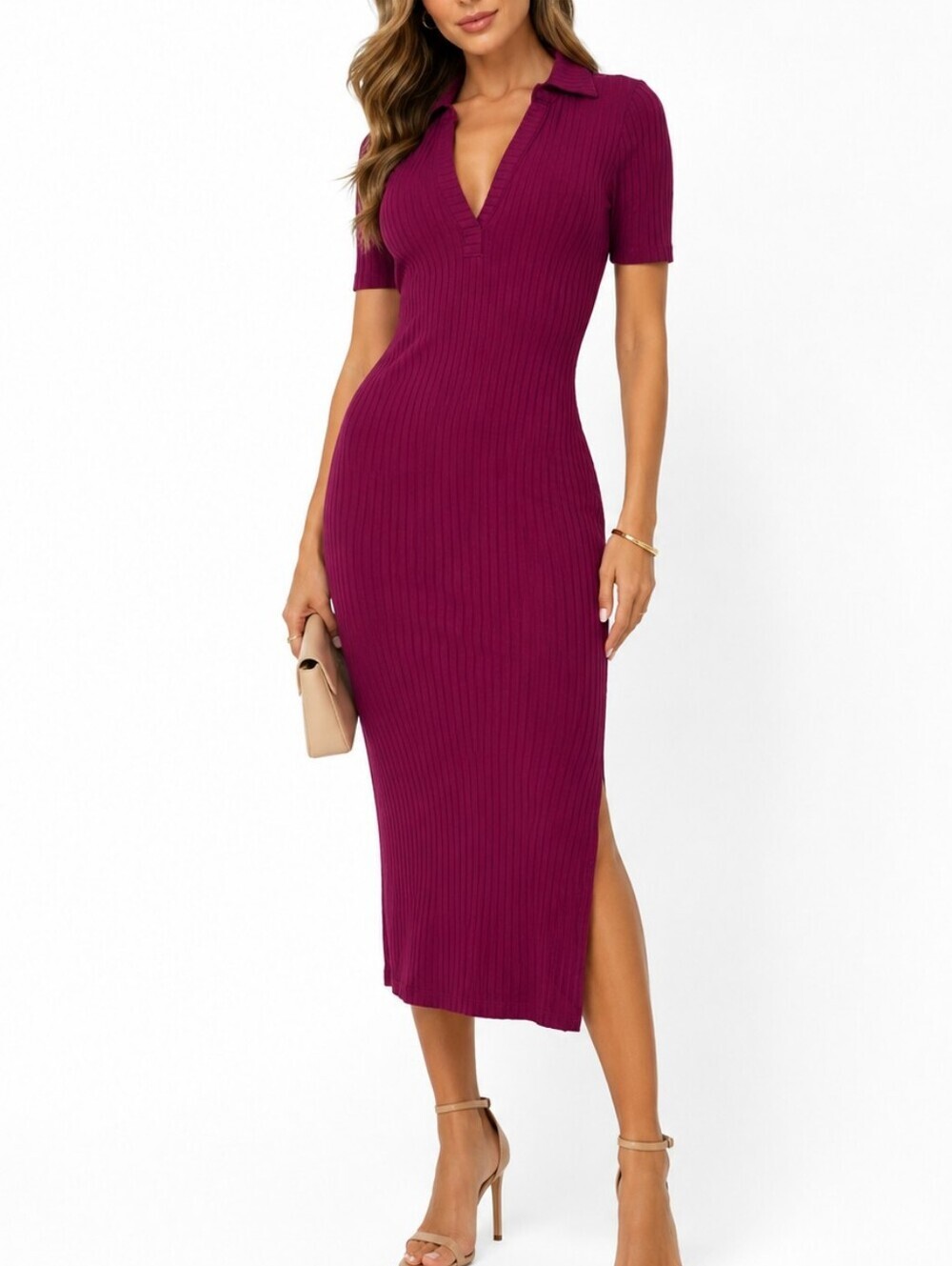 Colleen Lopez Ribbed Midi Dress XXS Magenta Stretch Knit Polo Collar Summer Body